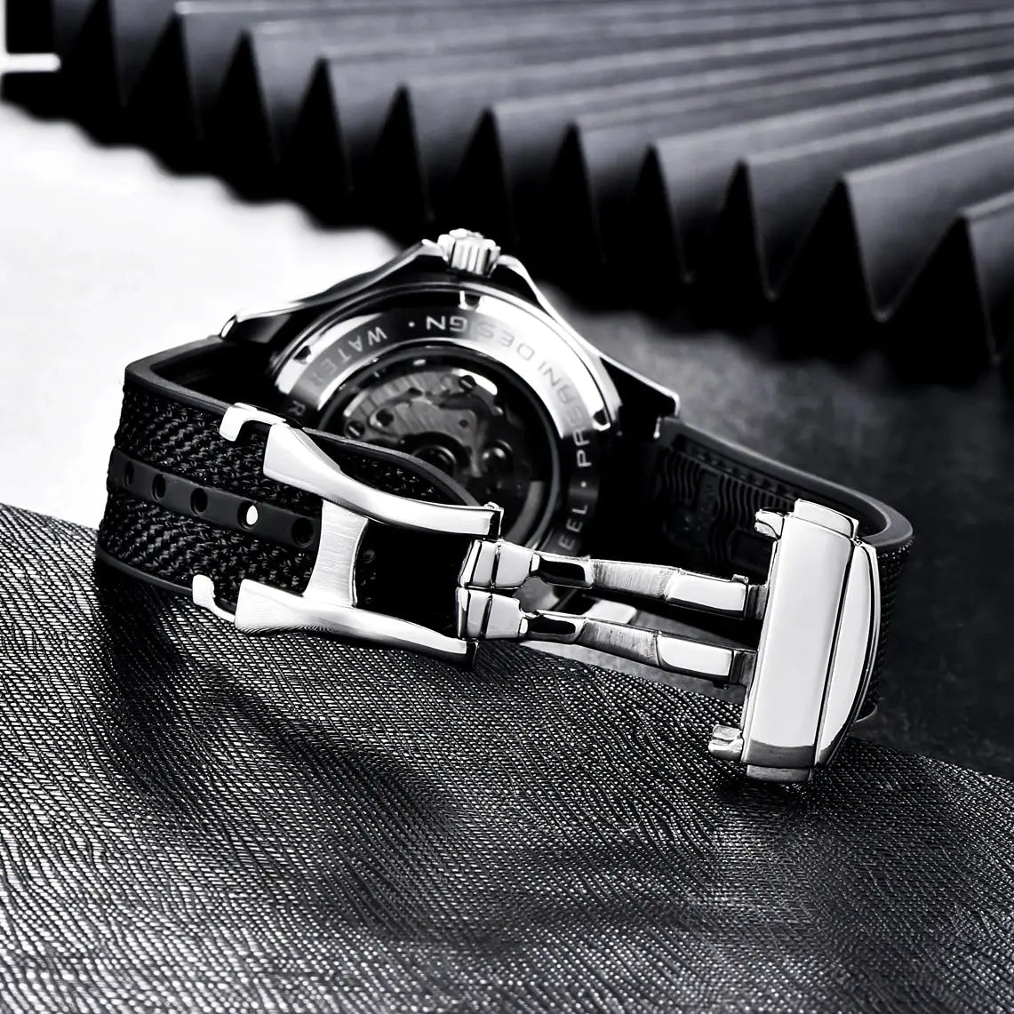 PAGANI DESIGN men's luxury automatic watch with black strap and stainless deployant clasp; transparent caseback reveals movement