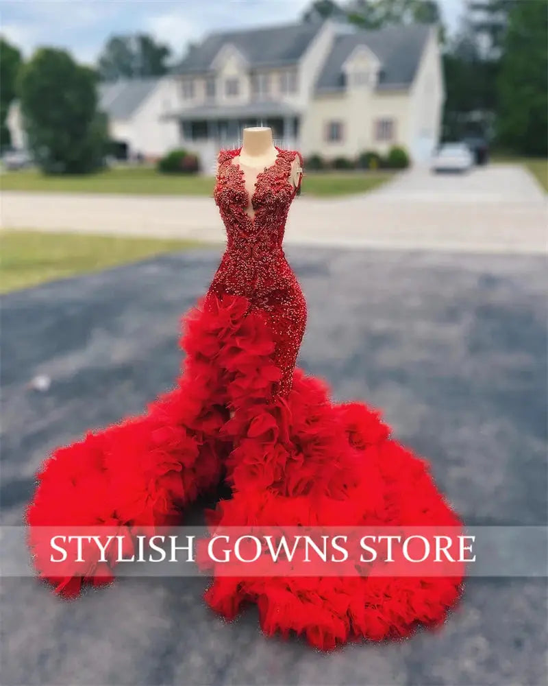 Red Long Prom Dress Beaded Crystal Mermaid Gown Customized High Slit