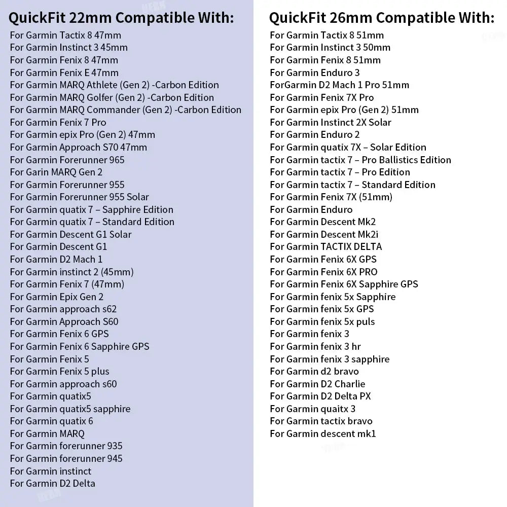 Simples Market QuickFit 22mm/26mm silicone Garmin strap with compatibility list for Epix Gen 2 and Fenix models