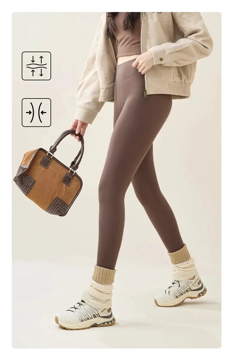 BIVIGAOS brown fleece-lined leggings for women, sharkskin thick warm tights by Simples Market