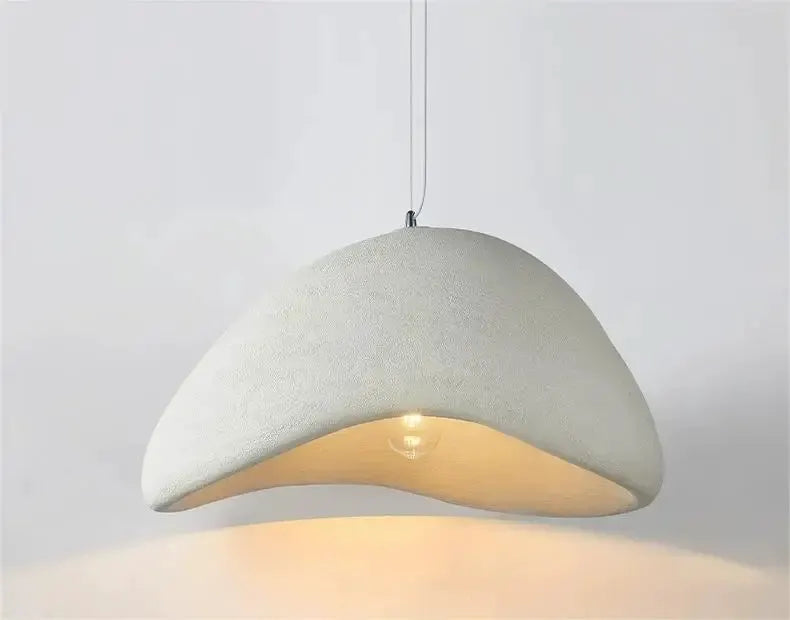 Nordic Wabi Sabi pendant light, white curved shade, LED ceiling chandelier with warm glow