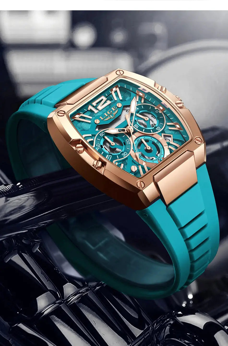 LIGE men's wristwatch with turquoise silicone strap, rose-gold case, teal dial and chronograph subdials