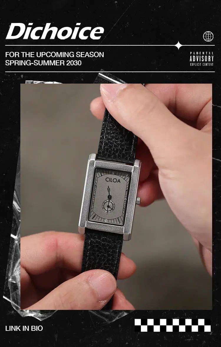 CILOA rectangular men's quartz watch with black leather strap and silver-tone case