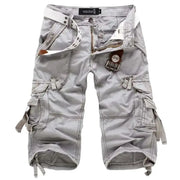 Simples Market men's cargo shorts in light gray knee-length cotton with belt, multiple pockets, and Weichao logo.