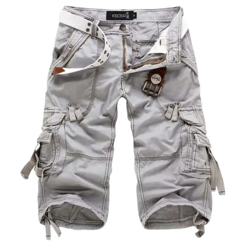 Simples Market men's cargo shorts in light gray knee-length cotton with belt, multiple pockets, and Weichao logo.