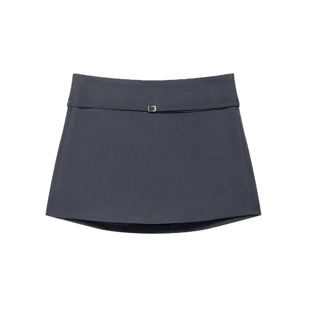 Women's dark gray belted skort with curved hem and small square buckle