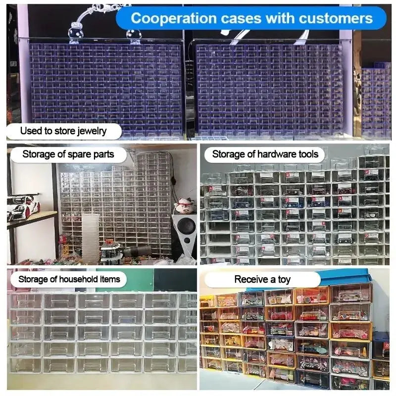 LEADLOONG mini screw parts organizer set; 8/16 pcs clear and blue plastic mini drawers for hardware and crafts