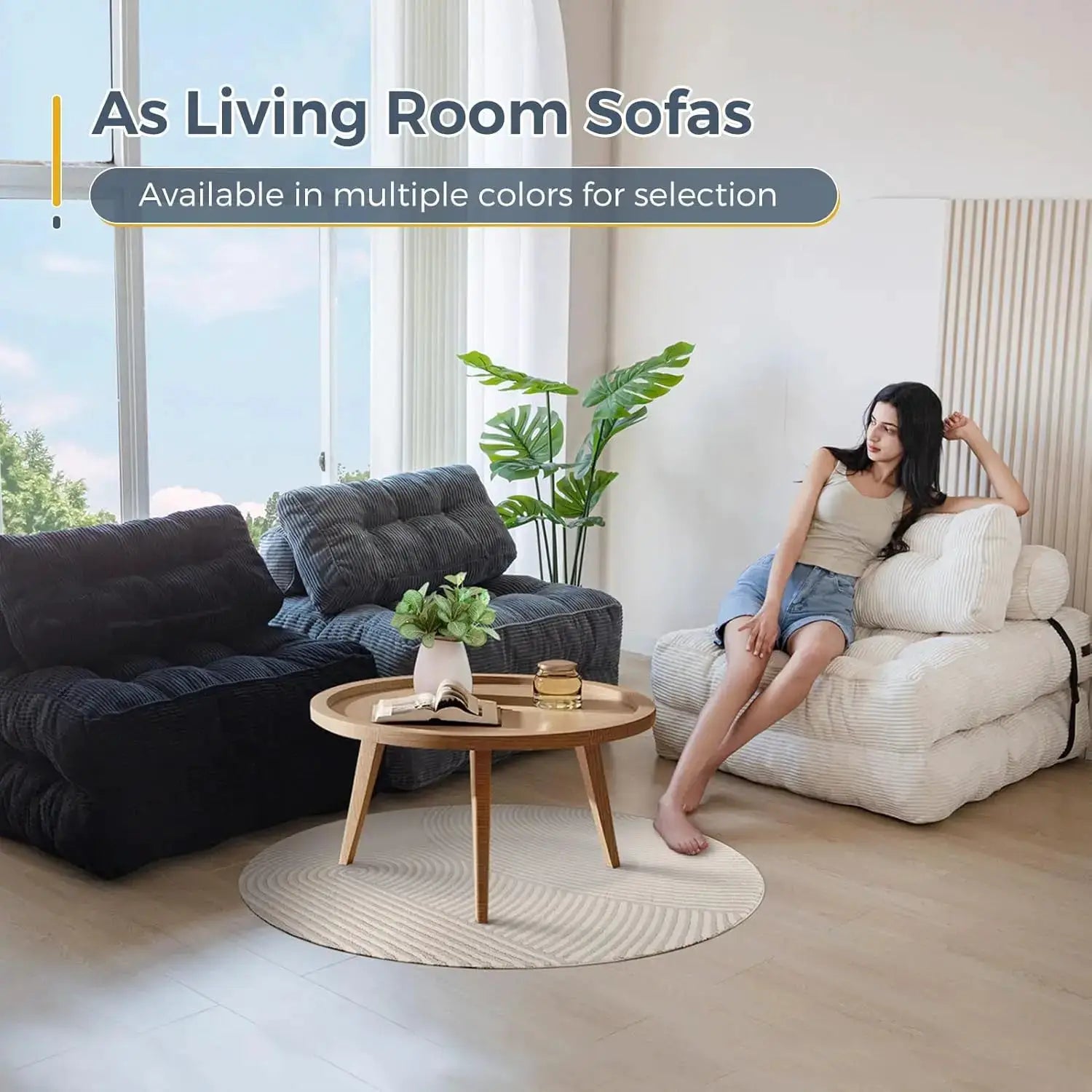 Folding sofa bed, convertible sleeper chair with plush cushions in charcoal and white