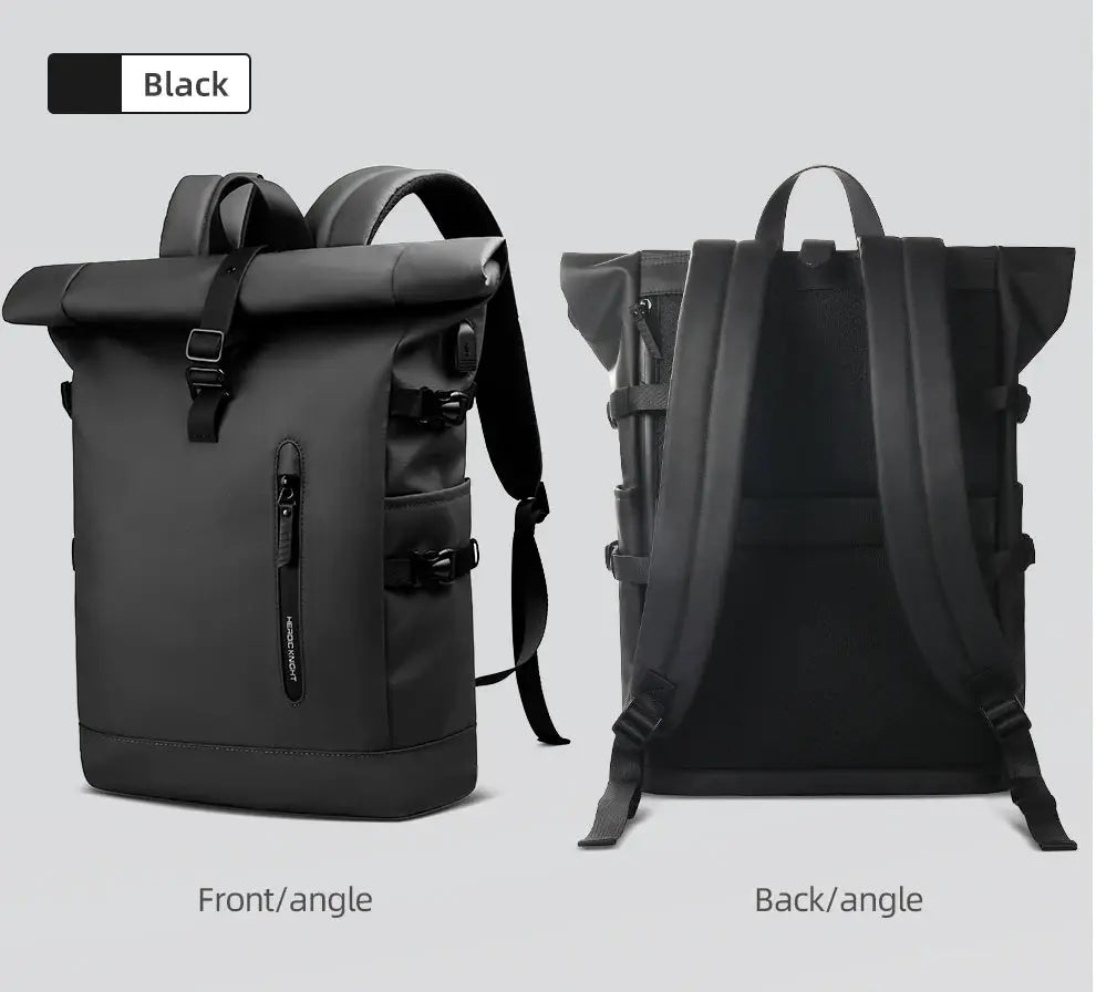 Simples Market HK large black 15.6 inch anti-theft laptop backpack with USB port; front and back views