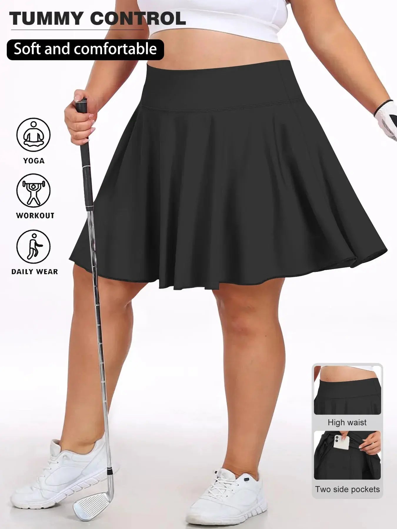 Simples Market black high-waist plus-size fitness skirt with two side pockets for gym, yoga or outdoor workouts