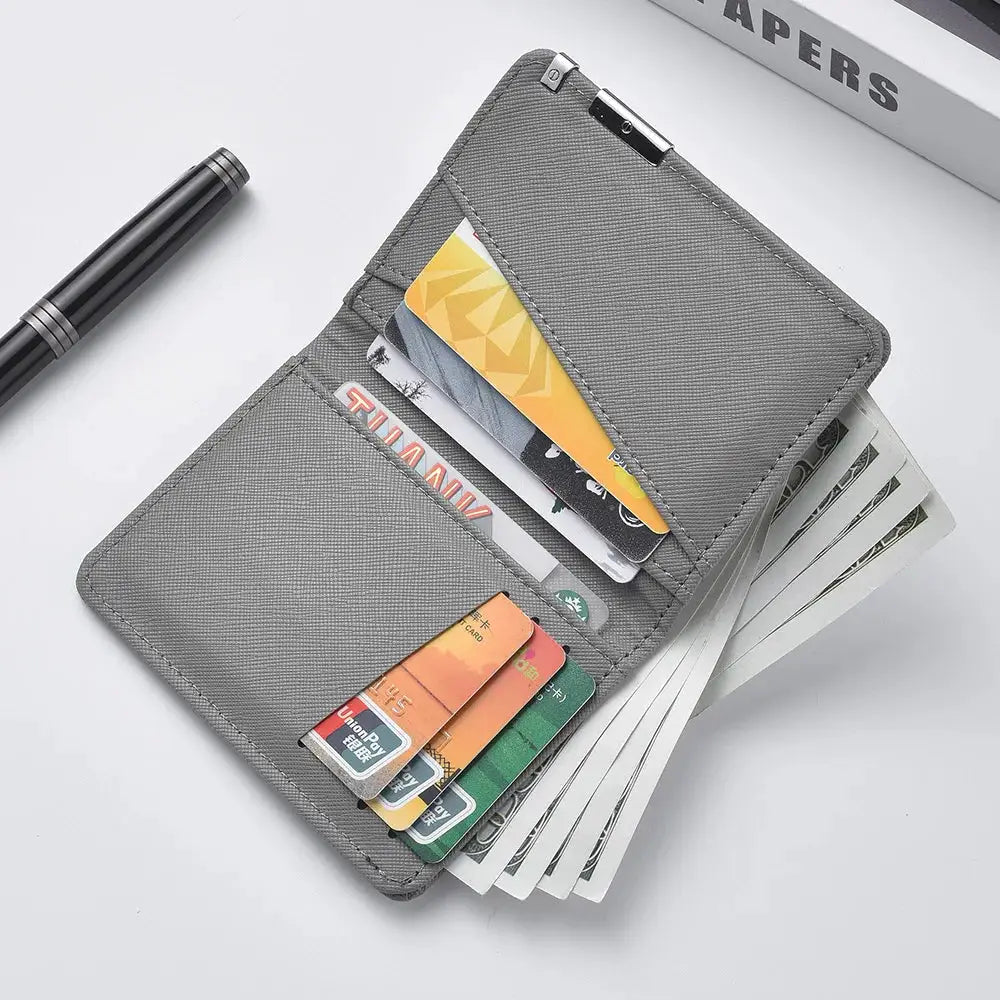 Slim gray faux-leather wallet with multiple card slots and cash compartment.