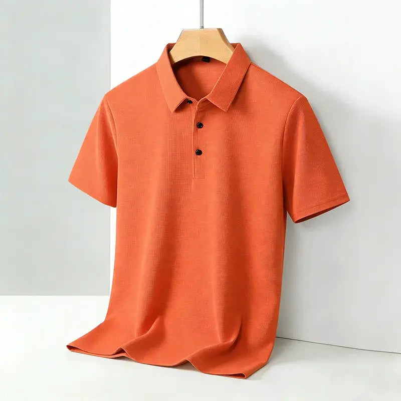 Men's orange polo shirt with a classic collar and short sleeves.