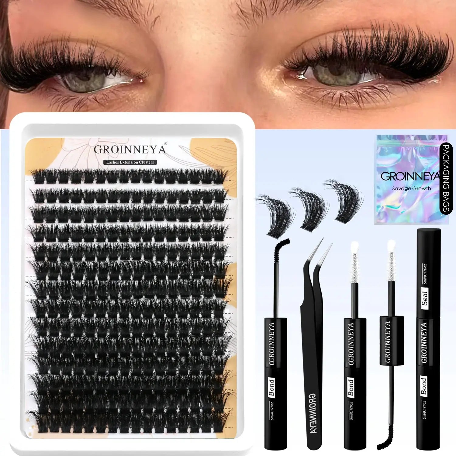 GROINNEYA Lash Clusters Kit Waterproof Strong Hold DIY Lash Extension Kit Bond And Seal Eyelash Tweezers Makeup