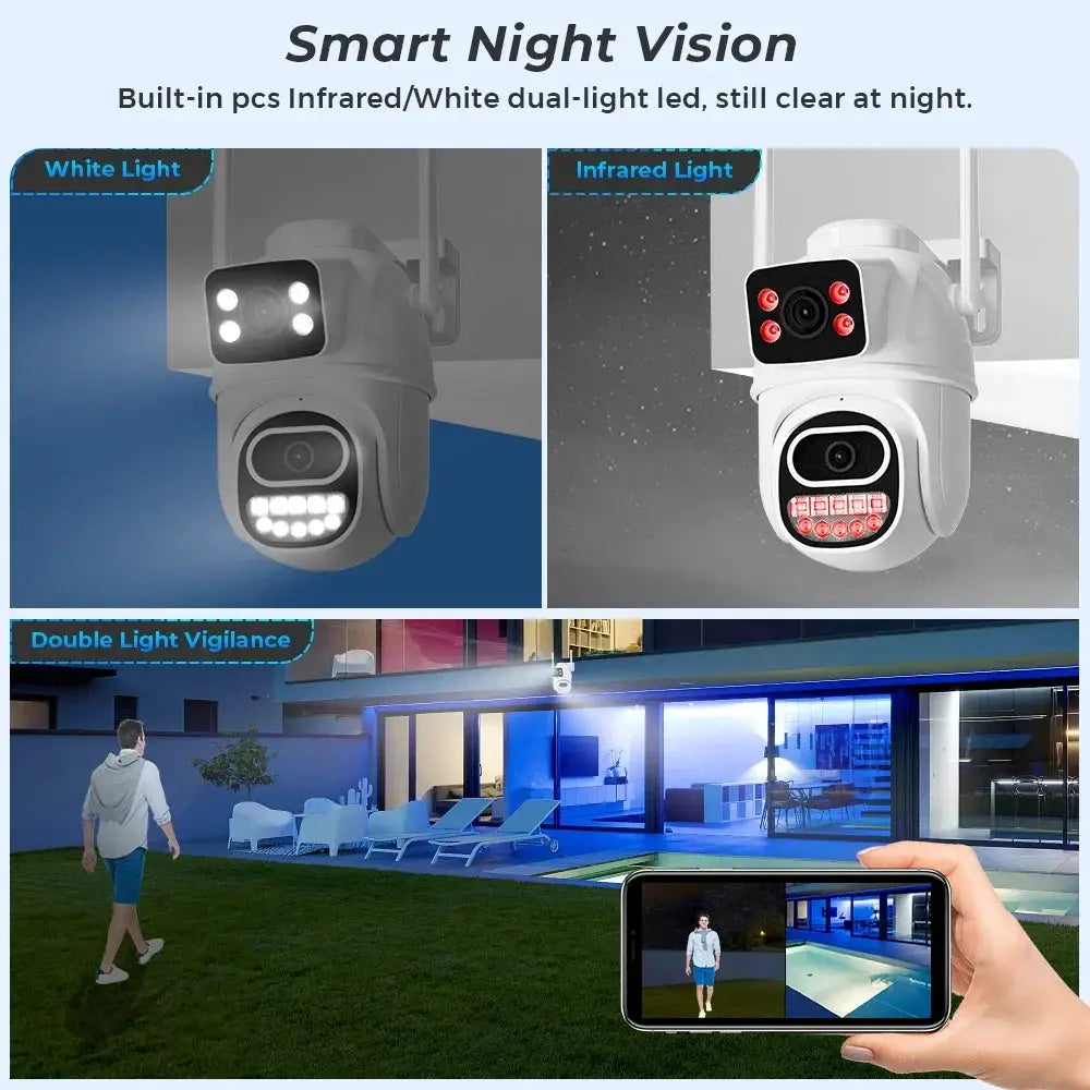 Simples Market outdoor 360° WiFi security camera with waterproof housing and dual white/infrared LEDs, remote access