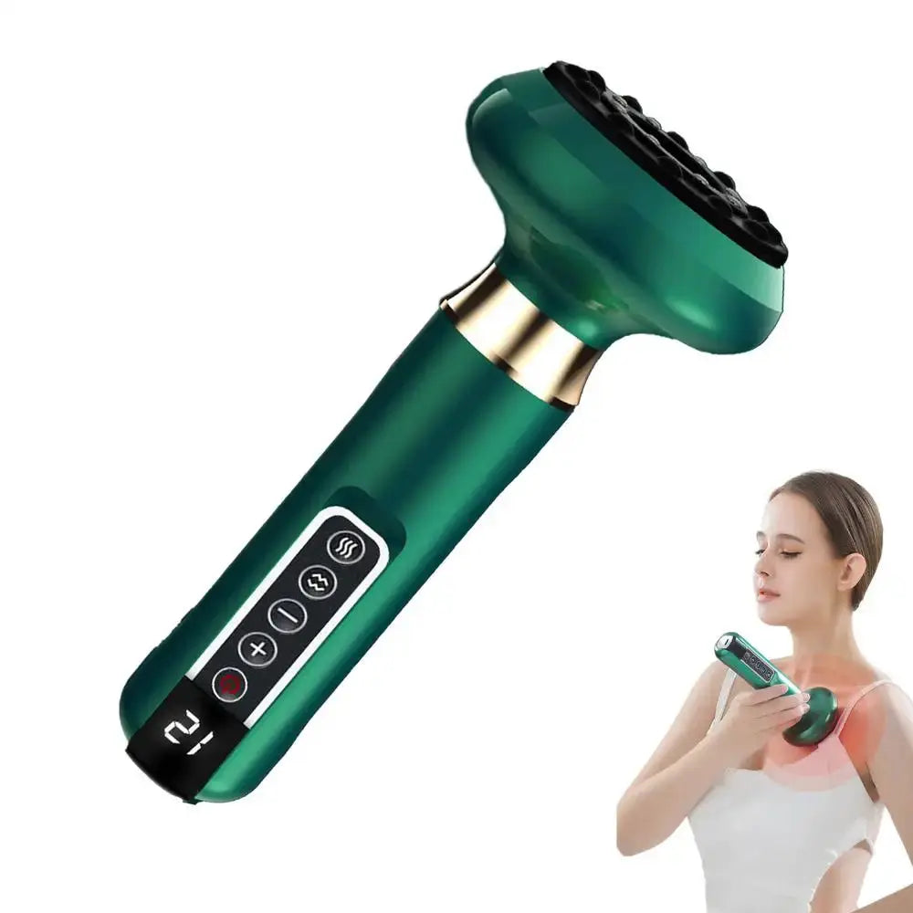 Handheld anti-cellulite massager with hot compress and suction cup head, green with digital control panel