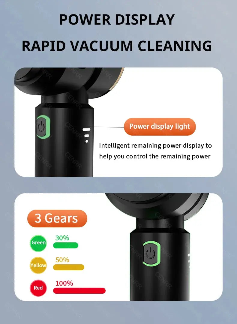 CENRR handheld wireless car vacuum cleaner, black with green power button and power display light