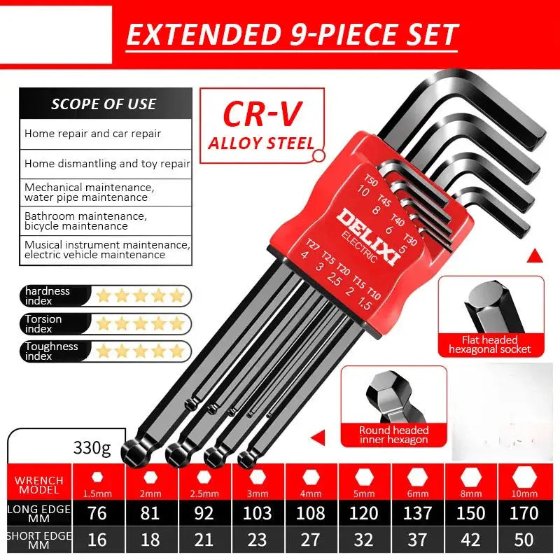 Delixi Electric Allen Key Set Hex Wrench Kit With Sleeve Universal Torque Long Metric For Motorcycles And Bicycles