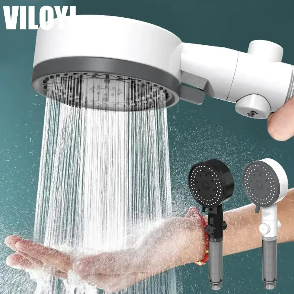 Showerhead set with white overhead unit and two handheld spray heads (black and gray), multi-mode water spray