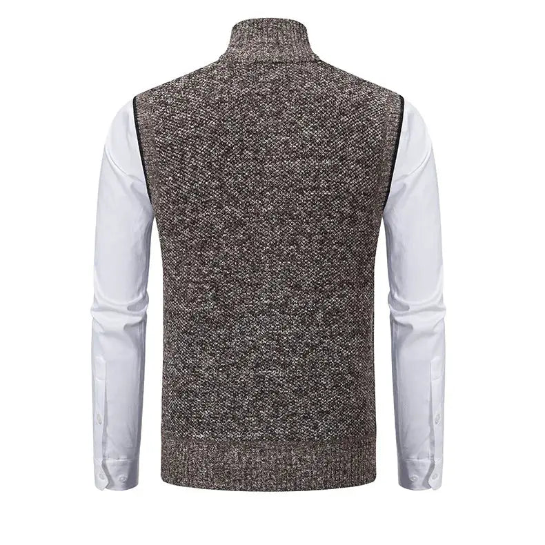 Men's sleeveless knitted sweater vest over white shirt; brown marled knit with stand collar and ribbed hem