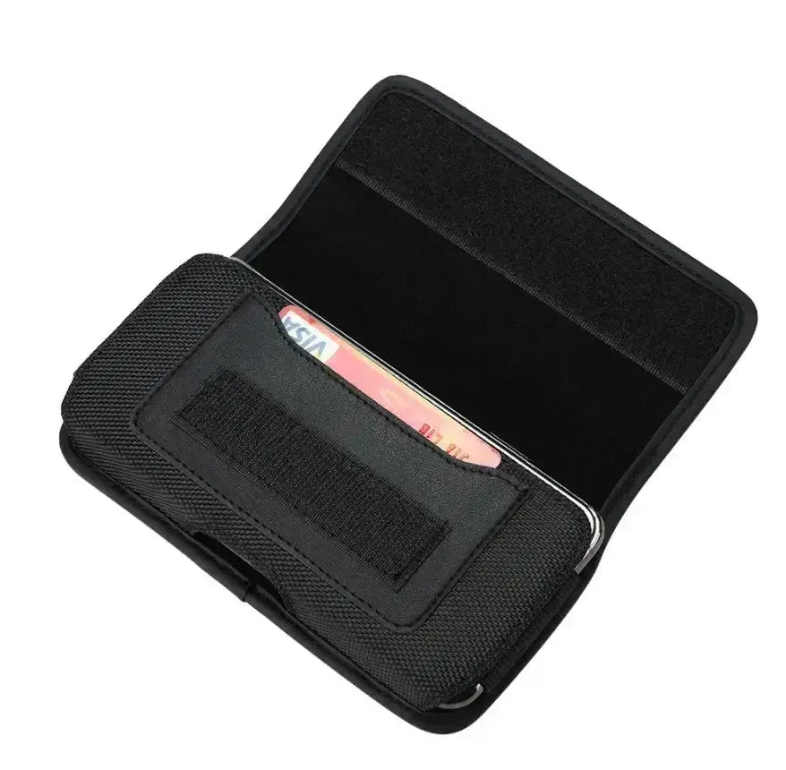Black nylon mobile phone waist bag with belt loop, card slot and Velcro closure