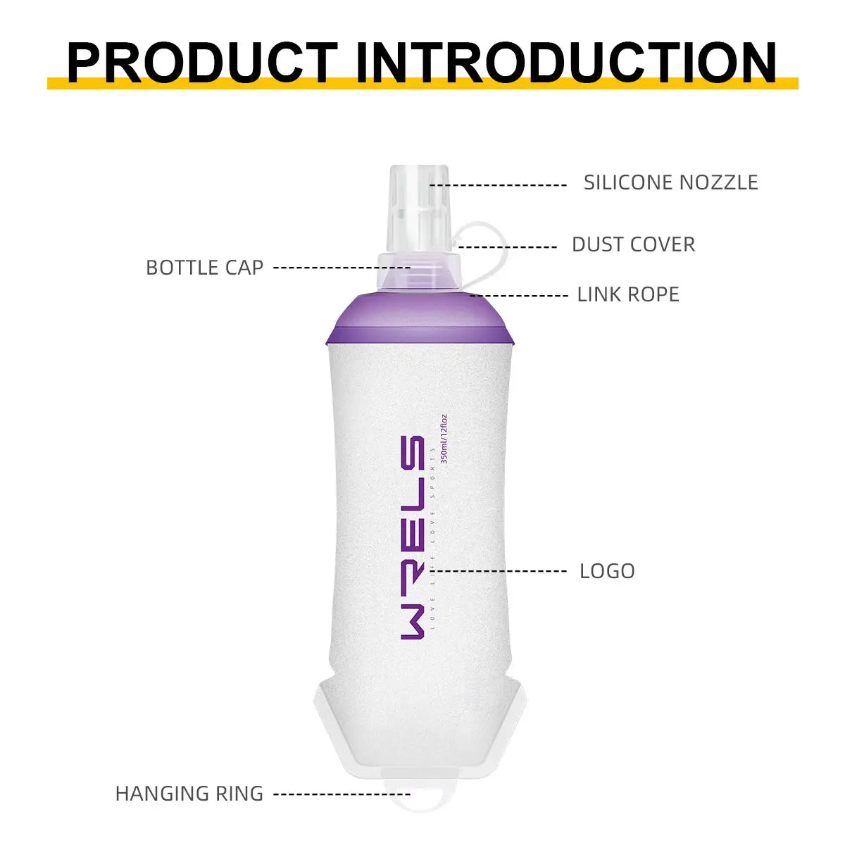 WRELS folding TPU water bottle for outdoor sports, white soft flask with purple cap and Simples Market logo