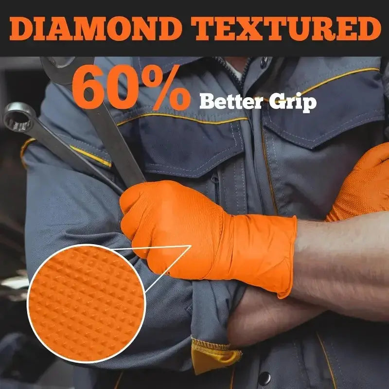 Heavy Duty Orange Industrial Nitrile Gloves 8 Mil Disposable With Raised Diamond Texture For Mechanic And Tattoo Safety