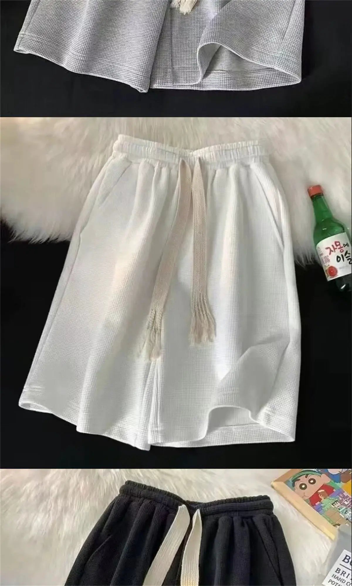 Solid breathable athletic shorts set of three in white, gray, and black; lightweight with drawstring waist.