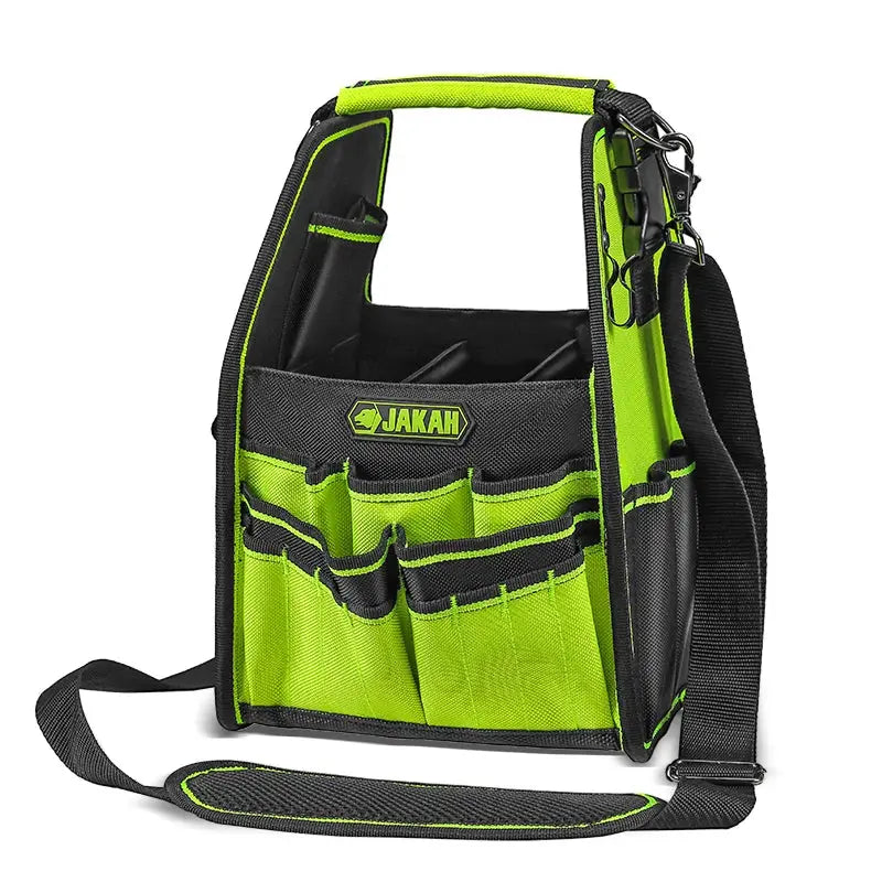 Tool tote with 35 pockets, green and black, water-resistant, with handle and shoulder strap, JAKAH