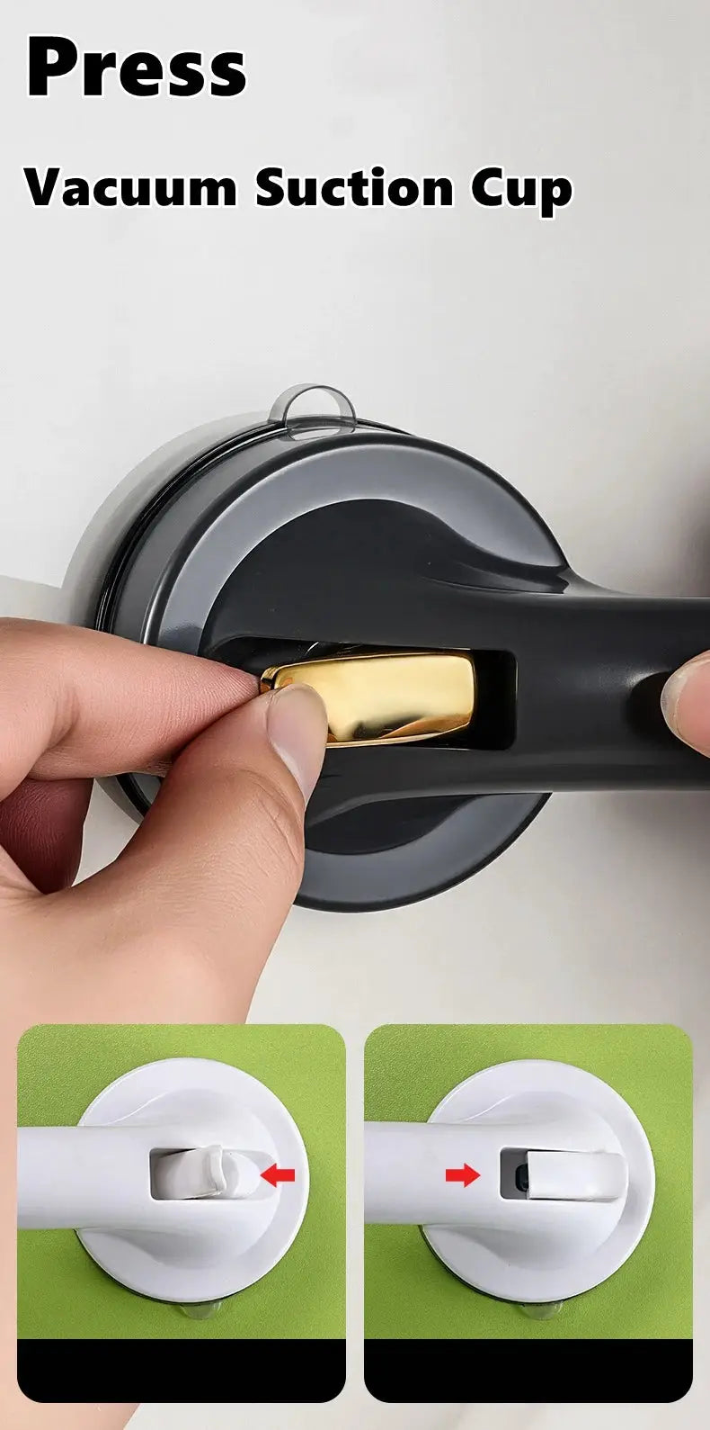 Shower handle grab bar with suction cup, gray handle and gold lever, Simples Market; shows two install-step images.