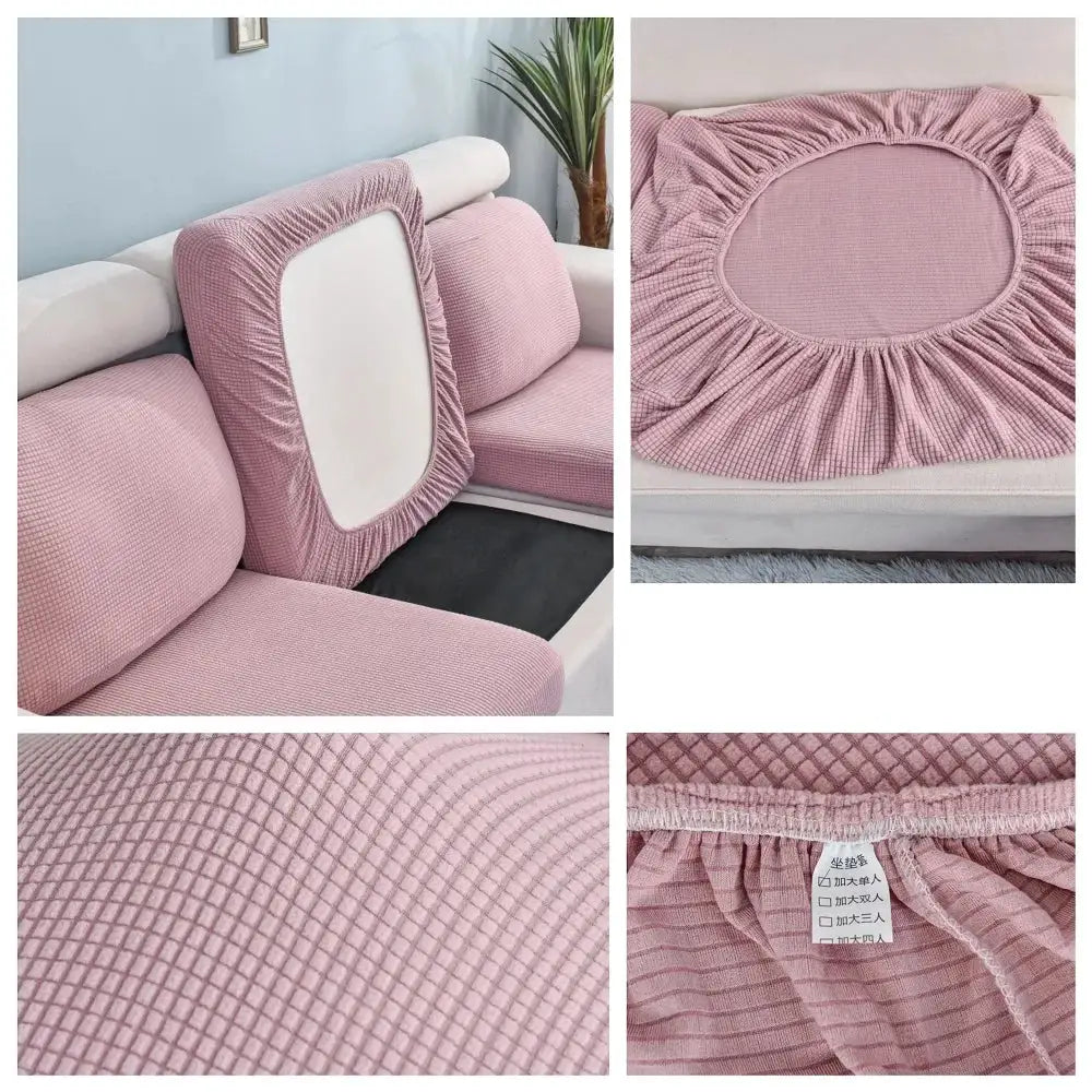 Pink elastic sofa slipcover set in textured solid fabric with ruched cushion cover, Simples Market.