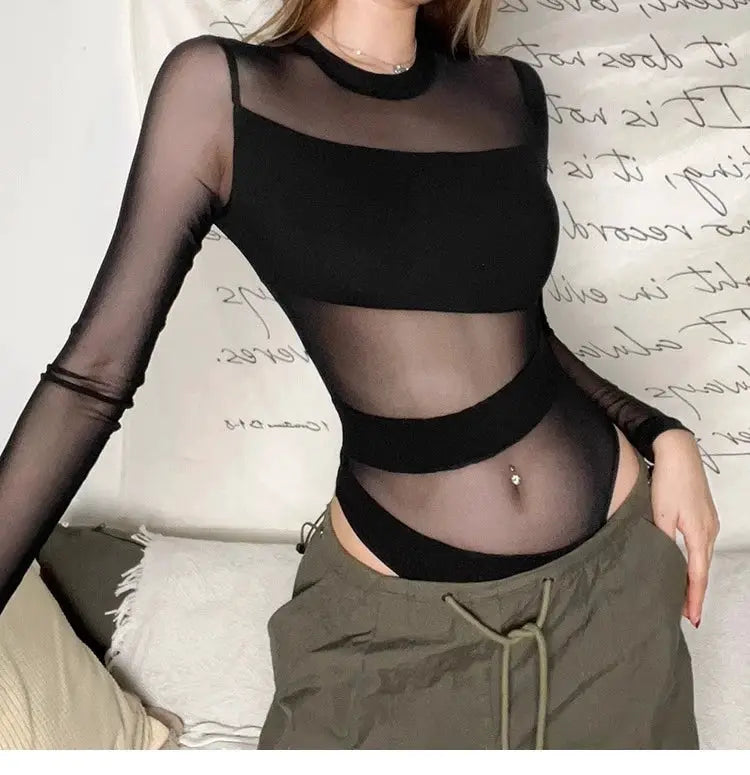 Bodysuit black mesh with long sleeves, sheer panels and diagonal neck cutout