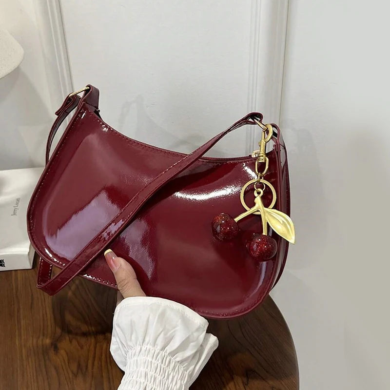 Women's PU leather handbag burgundy shoulder bag with gold-tone 2-cherry pendant charm