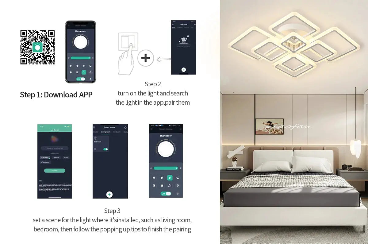 Household ceiling chandelier square white acrylic LED lamp, intelligent app-controlled fixture for bedroom.