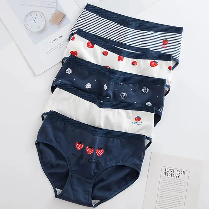 5Pcs cotton women's panties set with strawberry prints and striped designs in navy and white