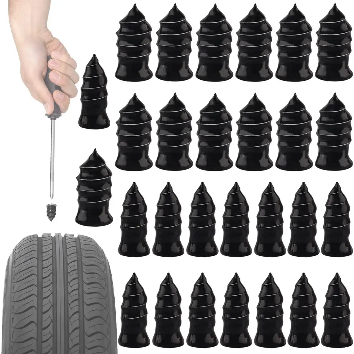 Simples Market tire repair kit with dozens of black spiral plugs and insertion tool for car, truck, tractor tires.