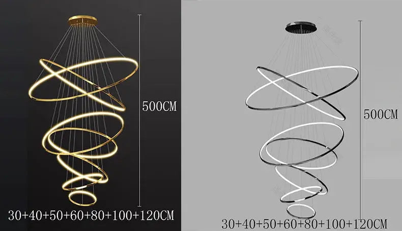 Spiral LED pendant lights by Simples Market in gold and silver, modern hanging chandelier, 500 cm height