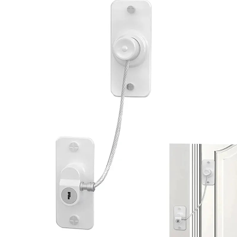 Child safety window lock by Simples Market, white with steel cable.