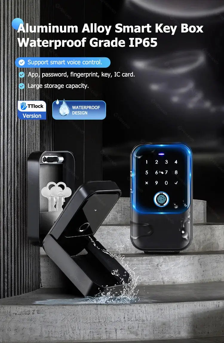 TTlock aluminum alloy smart key box, black waterproof IP65 with illuminated keypad