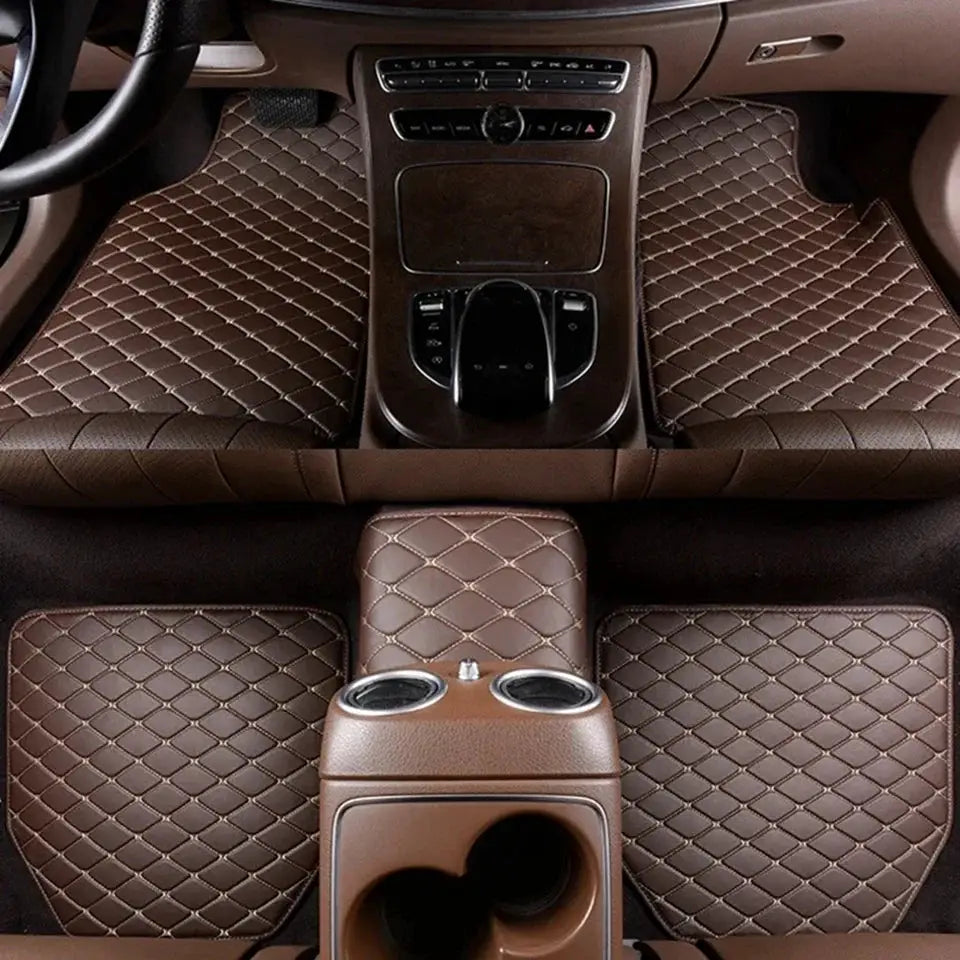 Car floor mats 5pcs brown PU leather waterproof diamond-stitched interior set by Simples Market