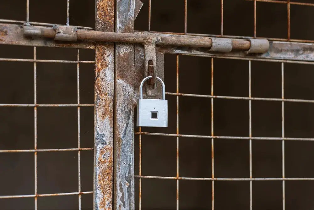 KERUI fingerprint lock padlock on a rusted metal gate; silver zinc finish