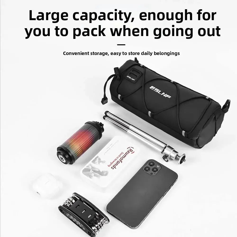 Waterproof bike front bag with a large capacity for convenient storage and packing everyday belongings.
