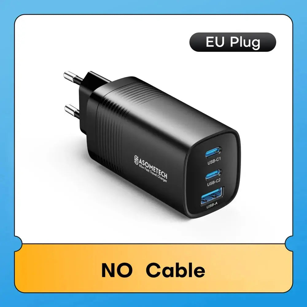 ASOMETECH GaN USB-C Charger 65W with EU plug, three ports (USB-C1, USB-C2, USB-A), no cable