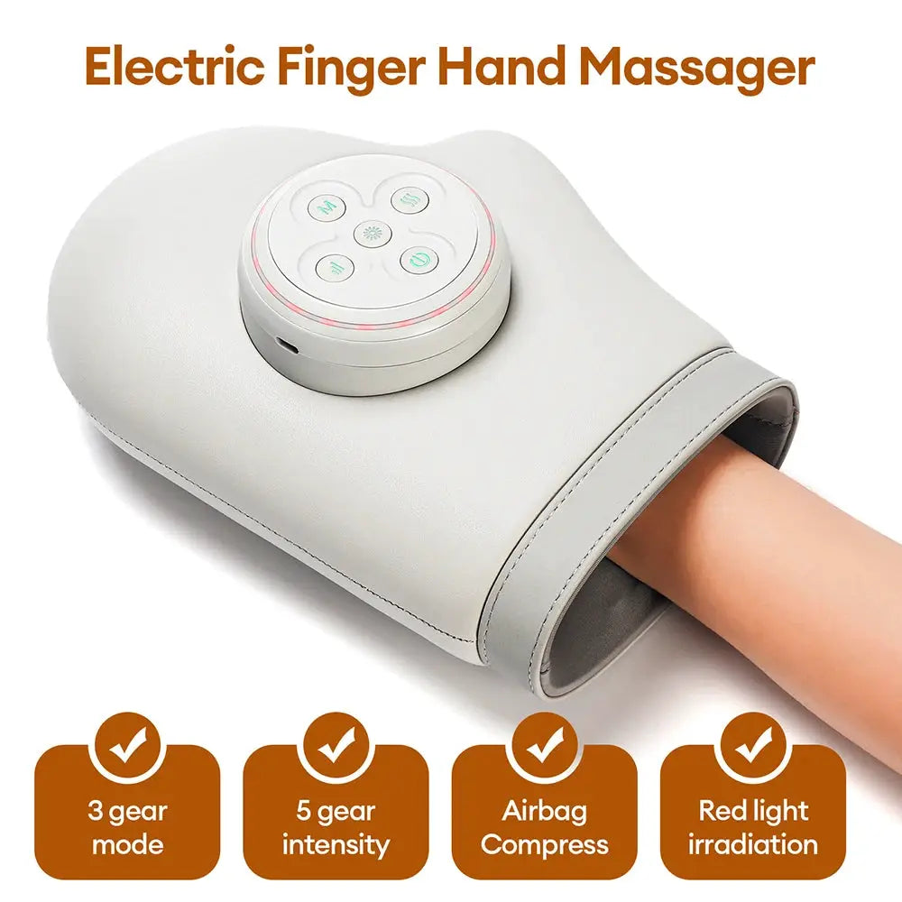 Simples Market Electric Finger Hand Massager glove with air pressure kneading, white/gray, circular control panel