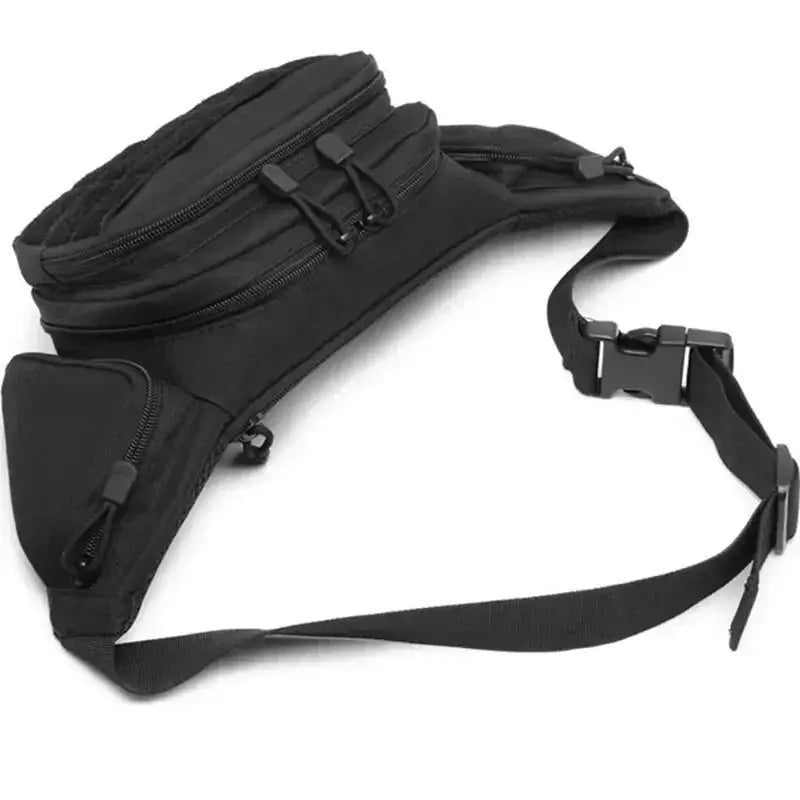 Simples Market tactical waist pack in black nylon with multiple zip compartments and adjustable strap.