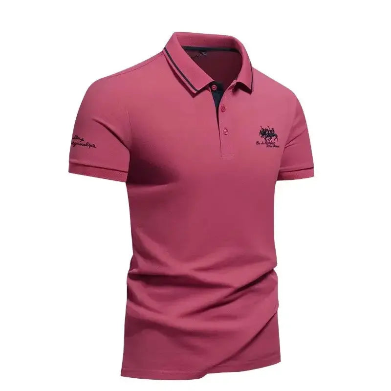 Pink men's short-sleeve polo shirt with striped collar, chest embroidery, lightweight casual polo from Simples Market