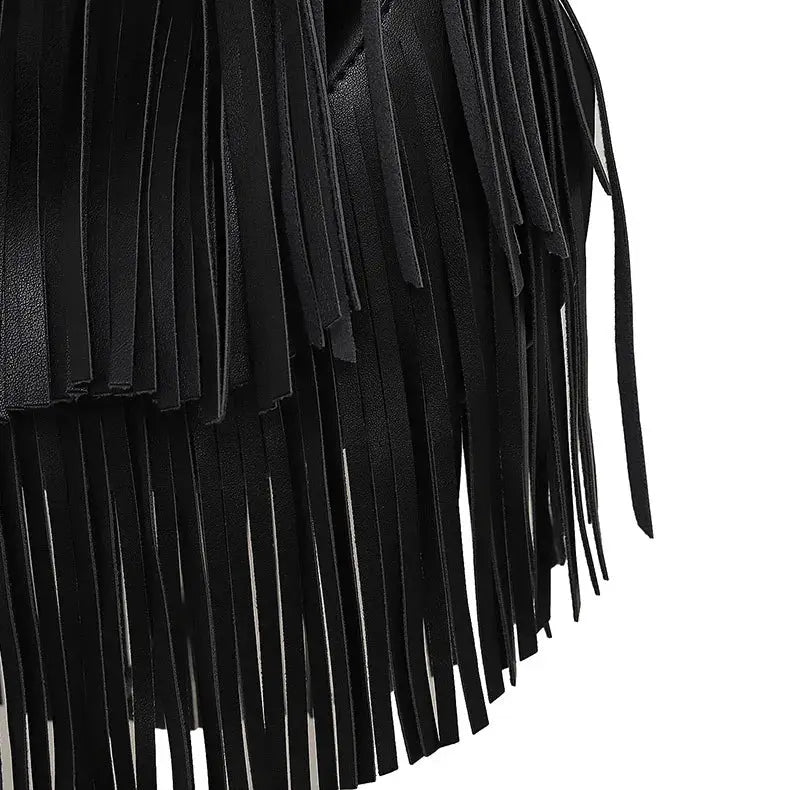 Long tassel fringe handbag in black soft PU leather