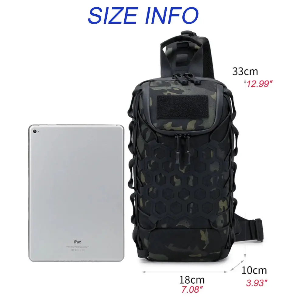 Simples Market outdoor tactical backpack with camo pattern and hex grid overlay, chest sling carry
