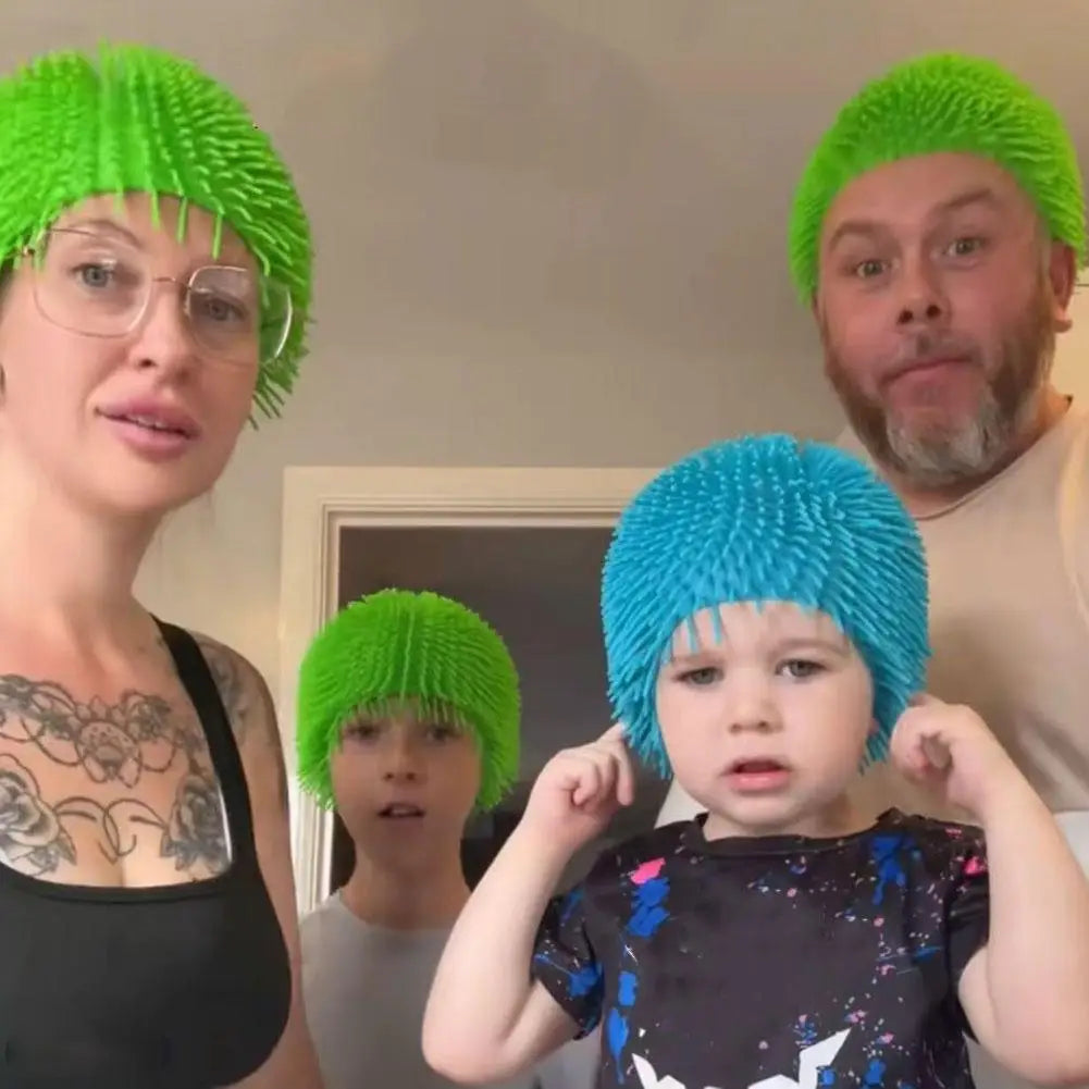 Spiky Ball Prank Hat, neon green and blue TPR wig headwear for kids and adults
