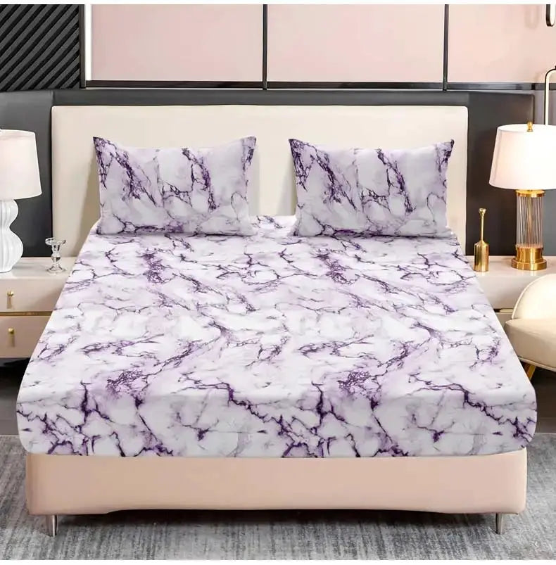 3-piece marble print fitted sheet set with two pillowcases; white with purple-gray marbling, microfiber, Simples Market