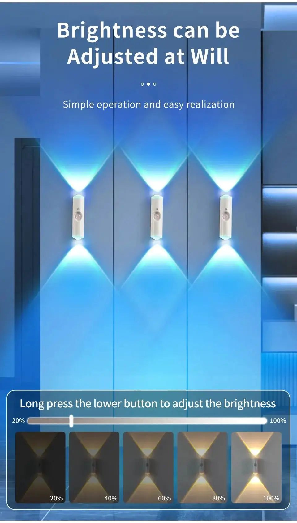 Simples Market RGB wall light with motion sensor; three magnetic rechargeable lamps casting blue glow on blue walls